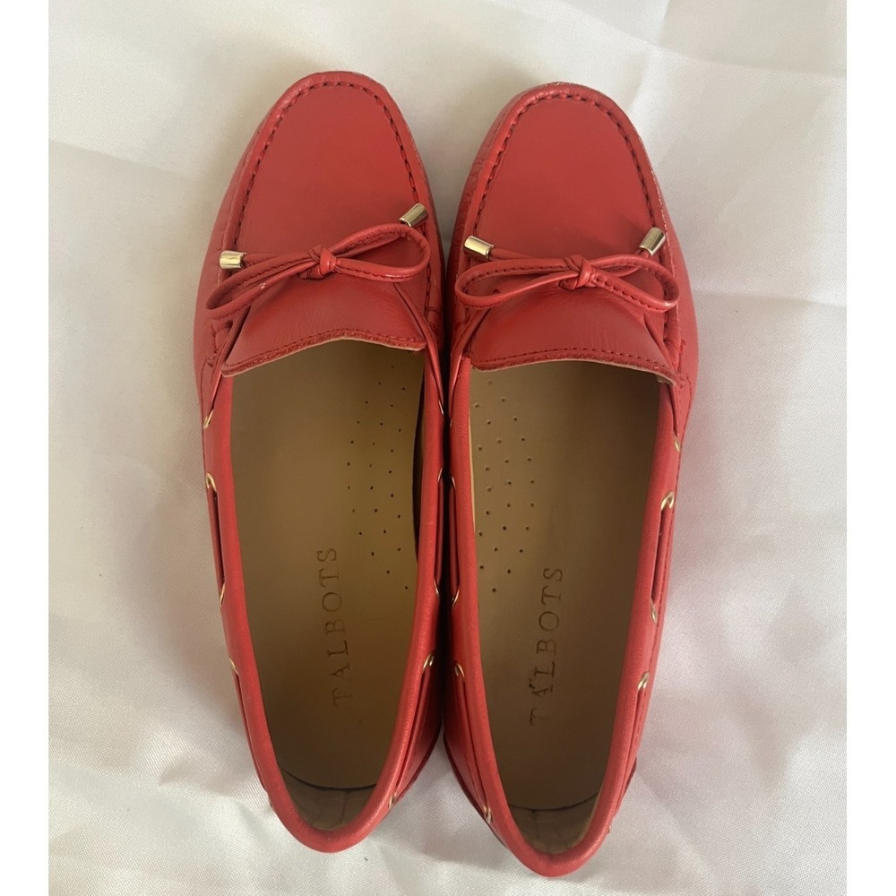 Talbots Womens Red Leather Driving Loafers Bow Detail Gold Hardware Flats 5.5